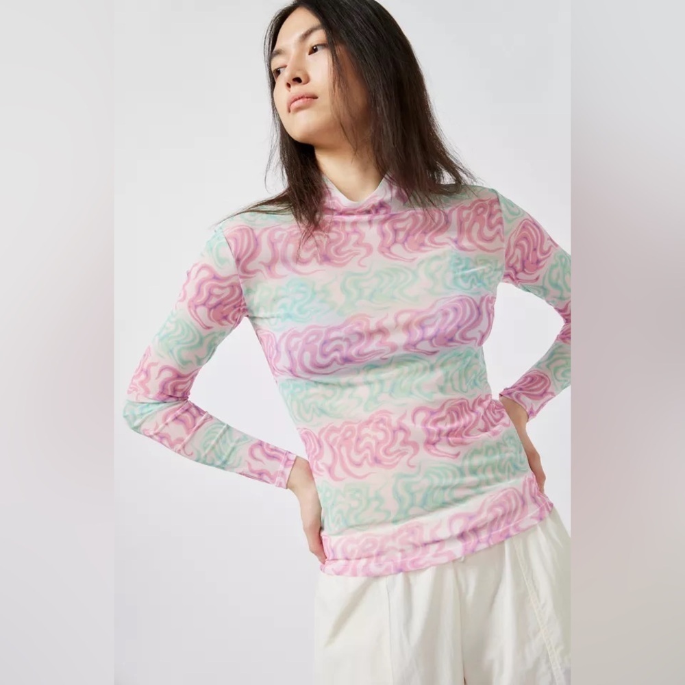 Teddy Fresh Digital Print Mesh Mock Neck Top - Size M